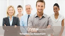  Presentation with young business people - Presentation design enhanced with portrait of young businessman background and a coral colored foreground