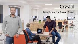  Presentation with casual young people - Slide deck featuring portrait of young businessman in casual clothes at modern startup business office space team of people working together in background background and a light gray colored foreground