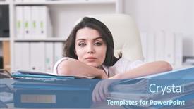  Presentation with paperwork - Slide deck with portrait-of-young-businesswoman-exhausted background and a ocean colored foreground