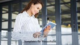  Presentation with digital - Colorful presentation theme enhanced with portrait-of-young-businesswoman-holding backdrop and a light blue colored foreground