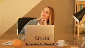  Presentation with business office desk - PPT layouts enhanced with portrait-of-young-businesswoman-sitting background and a gold colored foreground