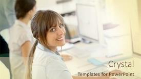  Presentation with office - Amazing PPT theme having portrait-of-young-businesswoman-working backdrop and a soft green colored foreground