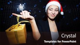  Presentation with santa - Cool new PPT layouts with portrait of young businesswoman in santa cap holding chistmas gift and looking at it with sneer backdrop and a wine colored foreground