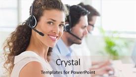  Presentation with call center - Slide set consisting of portrait of young call center background and a coral colored foreground