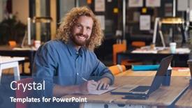  Presentation with business office desk - Theme consisting of portrait-of-young-caucasian-businessman background and a ocean colored foreground