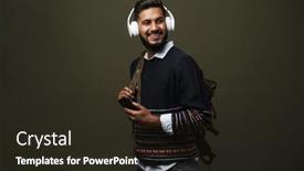  Presentation with man holding phone - Presentation theme enhanced with portrait-of-young-cheerful-toothy background and a wine colored foreground