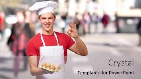  Presentation with good - Beautiful PPT theme featuring portrait of young cook man holding egg box and doing good gesture at crowded street backdrop and a light gray colored foreground