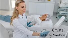  Presentation with laser - Slide deck featuring portrait-of-young-cosmetologist-holding background and a light gray colored foreground