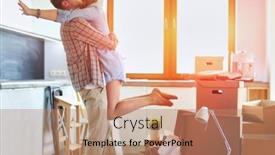  Presentation with new home - Presentation theme with portrait-of-young-couple-moving background and a coral colored foreground