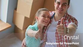  Presentation with new home - PPT theme featuring portrait-of-young-couple-moving background and a violet colored foreground