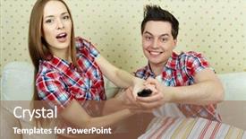  Presentation with control - PPT theme having portrait of young couple with remote control in front of tv set background and a coral colored foreground