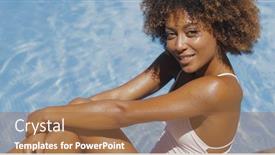  Presentation with ethnic - Colorful slide deck enhanced with portrait of young curly ethnic model in white swimsuit sitting on poolside relaxing and smiling at camera happily backdrop and a coral colored foreground