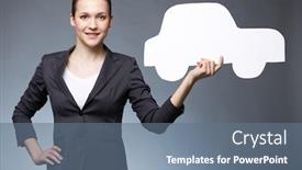  Presentation with car dealer - Colorful theme enhanced with portrait of young dealer holding paper car and looking at camera backdrop and a ocean colored foreground