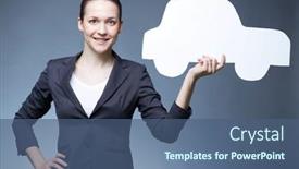  Presentation with car dealer - Theme featuring portrait of young dealer holding paper car and looking at camera background and a ocean colored foreground