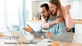  Presentation with credit card - Colorful slide set enhanced with portrait-of-young-excited-couple backdrop and a lemonade colored foreground