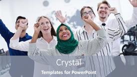  Presentation with software - Presentation with portrait-of-young-excited-multiethnics background and a light blue colored foreground