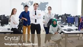  Presentation with software - Cool new PPT theme with portrait-of-young-excited-multiethnics backdrop and a violet colored foreground