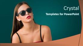  Presentation with dark green - PPT theme having portrait of young fashioned woman against a dark green background background and a ocean colored foreground