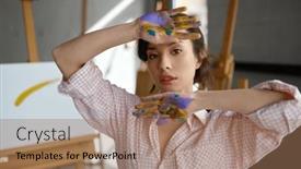  Presentation with artistic artist art brush - Presentation design with portrait-of-young-female-artist background and a coral colored foreground