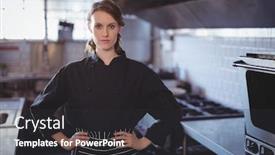  Presentation with portrait of excited overjoyed female - Amazing PPT theme having portrait of young female barista backdrop and a dark gray colored foreground