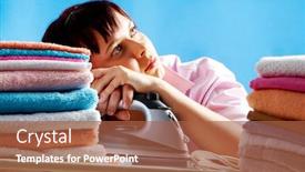  Presentation with upwards - Presentation theme enhanced with portrait of young female between two stacks of colorful towels looking upwards background and a red colored foreground