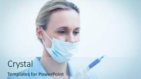  Presentation with surgical - Amazing PPT layouts having portrait of young female dentist in surgical mask holding injection backdrop and a sky blue colored foreground