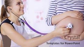  Presentation with pregnant woman doctor - Theme featuring portrait of young female doctor examining pregnant woman at the clinic background and a coral colored foreground