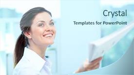  Presentation with conductor - Beautiful presentation featuring portrait of young female giving application to conductor backdrop and a cool aqua colored foreground