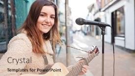  Presentation with female - Cool new slide deck with portrait-of-young-female-musician backdrop and a lemonade colored foreground