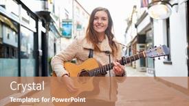  Presentation with female - Cool new PPT theme with portrait-of-young-female-musician backdrop and a coral colored foreground
