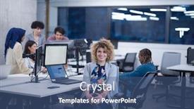  Presentation with developer - Slide set consisting of portrait of young female software developer at busy startup office with her multiethnic business team in background background and a ocean colored foreground