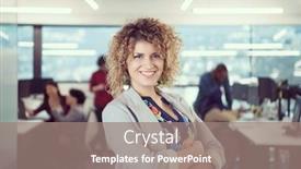  Presentation with developer - Presentation theme featuring portrait of young female software developer at busy startup office with her multiethnic business team in background background and a gray colored foreground