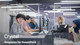  Presentation with developer - PPT theme consisting of portrait of young female software background and a dark gray colored foreground