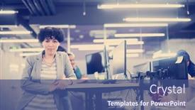  Presentation with developer - PPT layouts having portrait of young female software developer at busy startup office with her multiethnic business team in background background and a ocean colored foreground