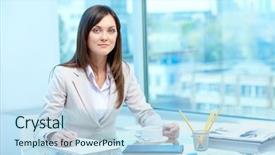  Presentation with writing - Colorful slide set enhanced with portrait of young female writing proficiency test backdrop and a light blue colored foreground