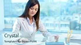  Presentation with writing - Amazing PPT layouts having portrait of young female writing backdrop and a sky blue colored foreground