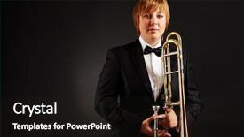  Presentation with black female - Beautiful slide deck featuring professional trumpet musician musician - portrait of young female backdrop and a dark gray colored foreground