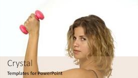  Presentation with dumbell - Cool new slide set with portrait of young fitness female with dumbell isolated over white backdrop and a coral colored foreground