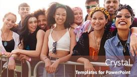 Presentation with outdoor festival - Slide set featuring portrait of young friends in audience behind barrier at outdoor music festival background and a tawny brown colored foreground