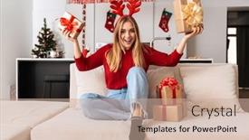  Presentation with christmas girl - Cool new slides with portrait of young girl 20s sitting on sofa in living room with gift boxes while celebrating christmas backdrop and a soft green colored foreground