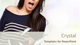  Presentation with fishes - Presentation theme enhanced with portrait of young girl cooking unruly fishes on pan indoor background and a cream colored foreground