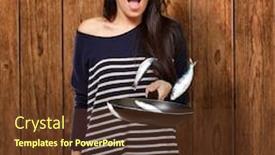  Presentation with fishes - Colorful presentation theme enhanced with portrait of young girl cooking unruly fishes on pan against a wooden wall backdrop and a tawny brown colored foreground