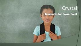  Presentation with chalk board - Presentation design featuring portrait of young girl with bagpack against chalk board background and a gray colored foreground