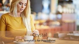  Presentation with tea coffee - Colorful PPT layouts enhanced with portrait of young gorgeous female drinking tea and thoughtfully looking out of the coffee shop window backdrop and a coral colored foreground