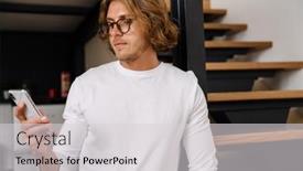  Presentation with man holding phone - PPT theme enhanced with portrait-of-young-handsome-calm background and a  colored foreground