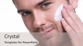  Presentation with face scrub cream - Presentation design enhanced with portrait of young handsome man background and a light gray colored foreground