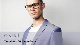  Presentation with glasses - Presentation theme having portrait-of-young-handsome-man background and a light blue colored foreground