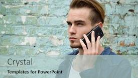  Presentation with obsolete - Beautiful PPT layouts featuring portrait of young handsome man calling phone outdoor against grunge obsolete wall backdrop and a lemonade colored foreground