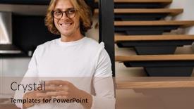  Presentation with man holding phone - Presentation theme featuring portrait-of-young-handsome-smiling background and a coral colored foreground