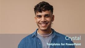  Presentation with man looking up happy - Slide deck with portrait-of-young-handsome-stylish background and a ocean colored foreground